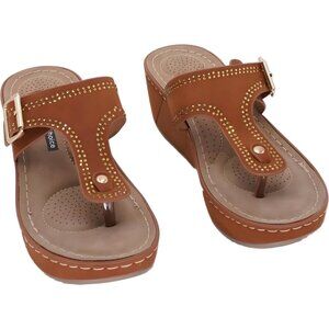GC Shoes Alani Embellished Wedge Thong Sandals Cognac Women's US 8M